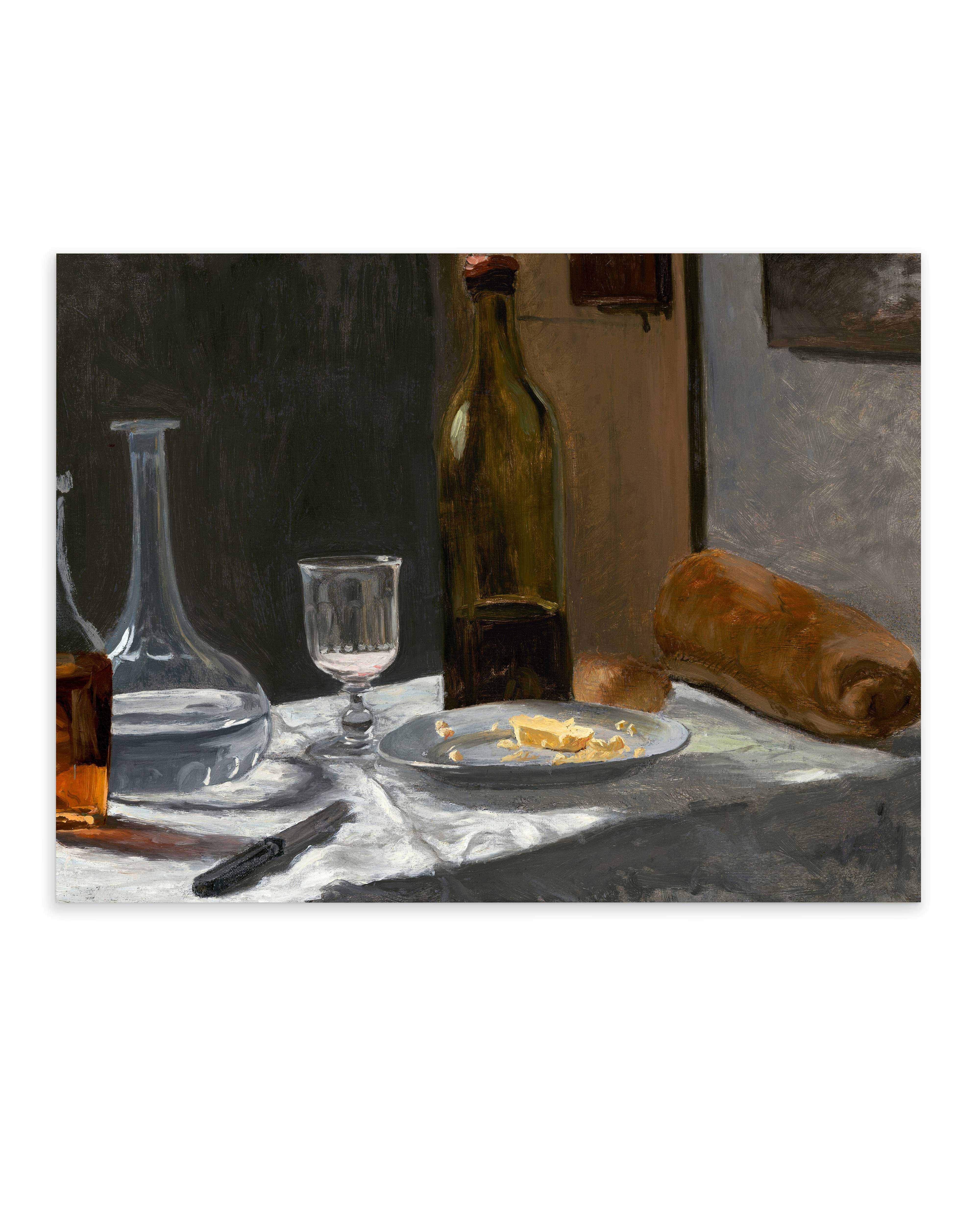 Still Life with Bottle, Carafe, Bread and Wine (1863)